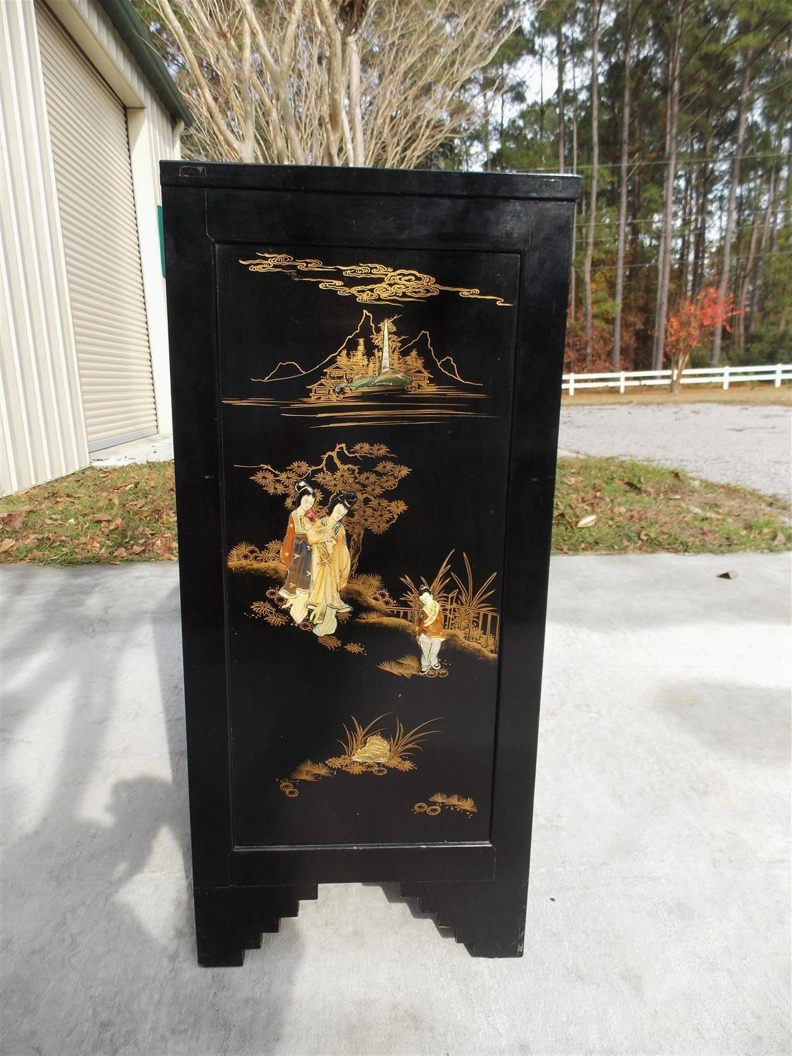 Chinese Black Lacquered & Stenciled Graduated Five Drawer Chest.  20th Century 3
