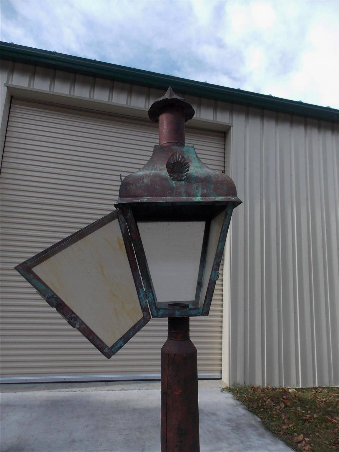 American Copper Street Lantern in Wooden Barrel, Sturbridge, MA., Circa 1820 In Excellent Condition For Sale In Hollywood, SC