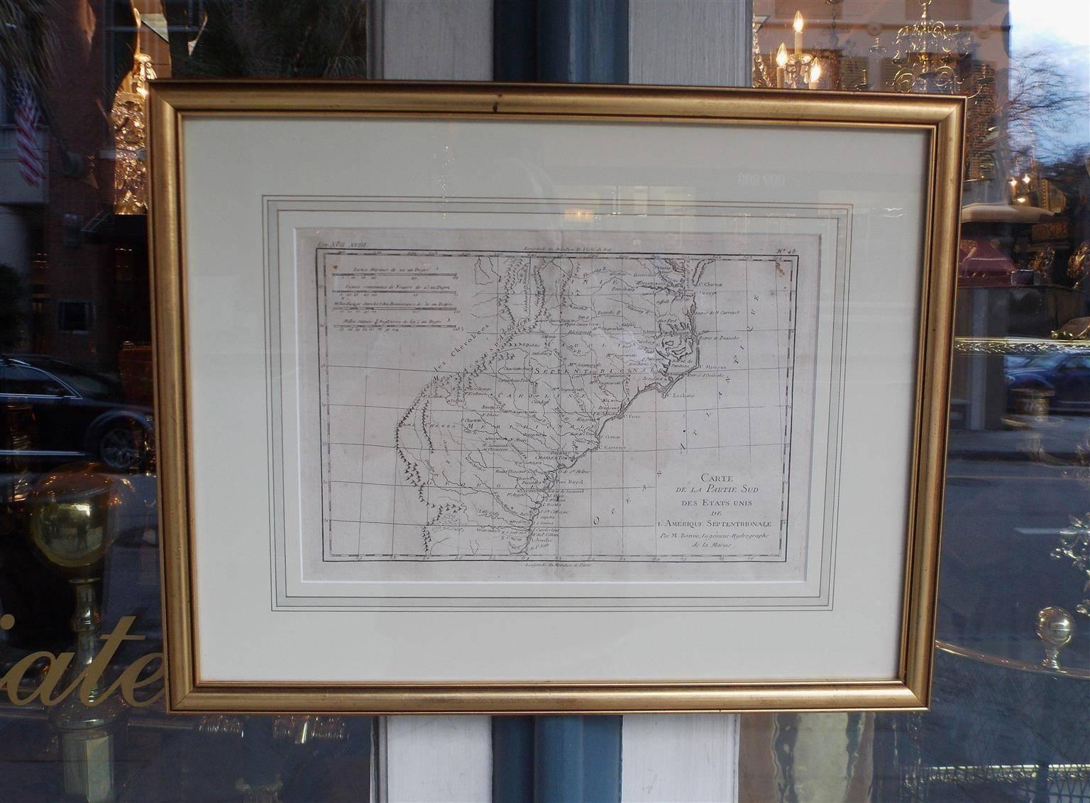 A rare framed French engraved map on paper of the southeastern United States including Virginia, North Carolina, South Carolina, and Georgia. Rigobert  Bonne, Paris Circa 1780.  Plate measures 8.75