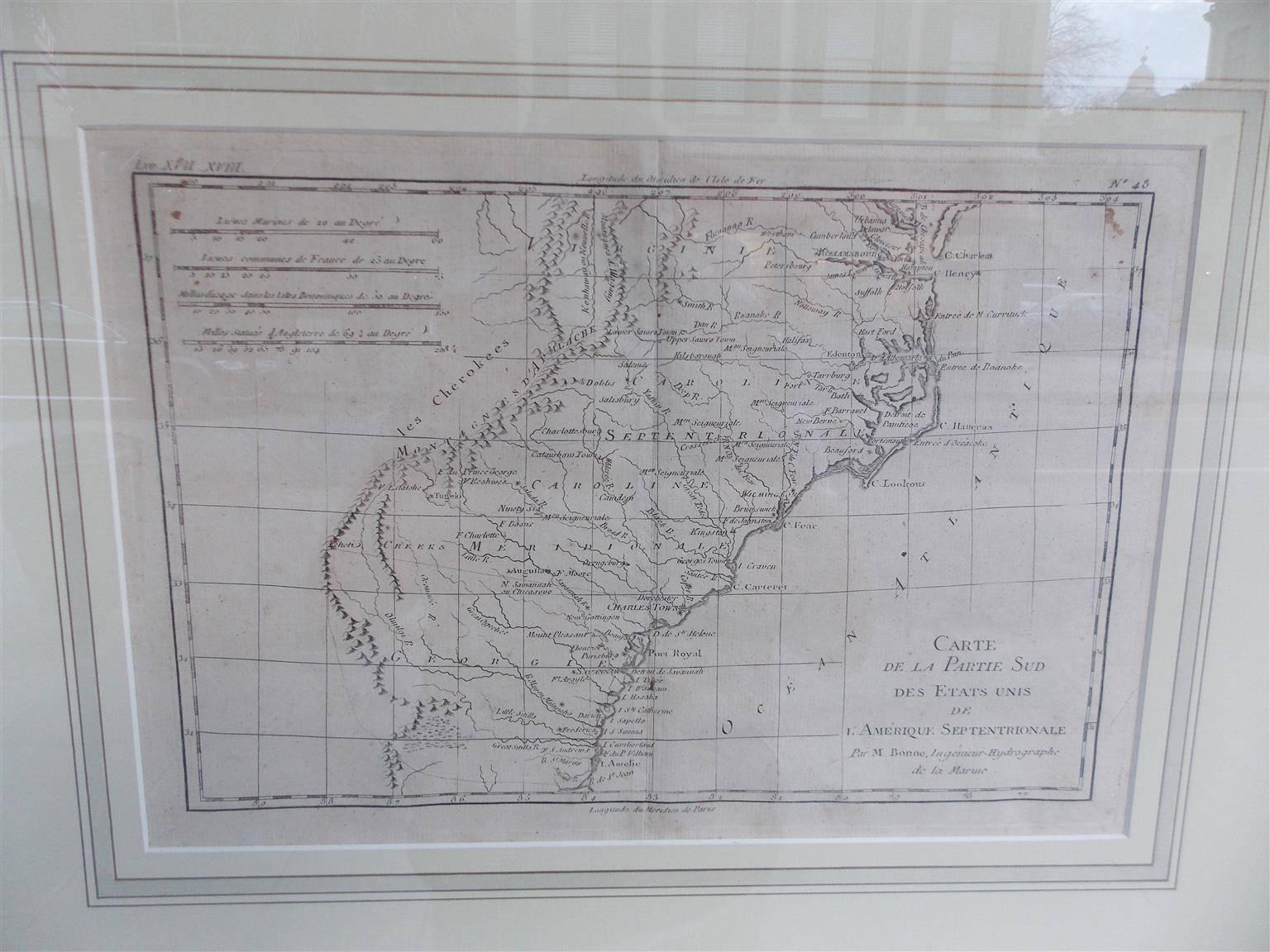 A Rare French Engraved Map of The Southeastern United States. R.Bonne Circa 1780 In Excellent Condition In Hollywood, SC