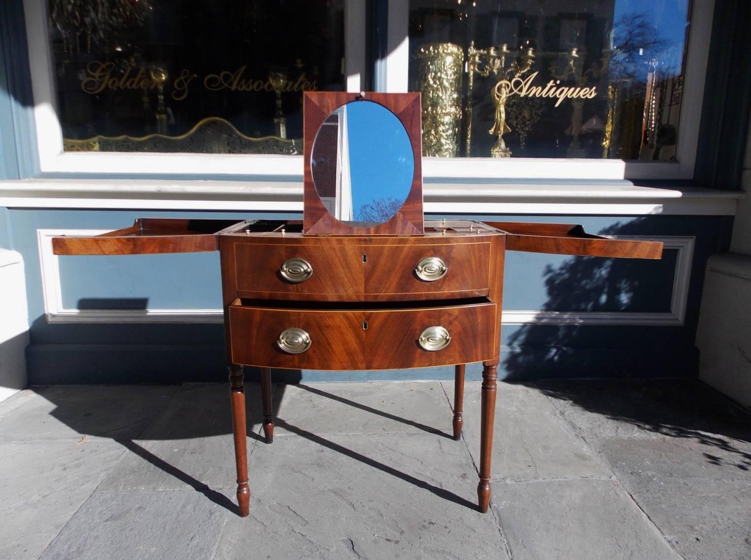 George III English Mahogany Bow Front Inlaid Ladies Dressing Table.  Circa 1790 For Sale