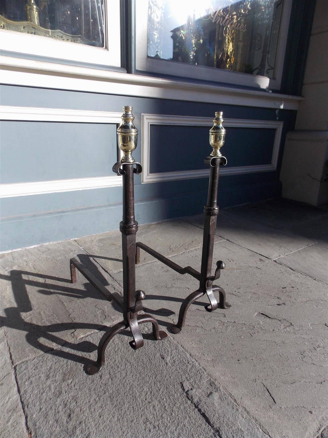 American Wrought iron and Brass Urn Finial Andirons.  Circa 1780 In Excellent Condition For Sale In Hollywood, SC