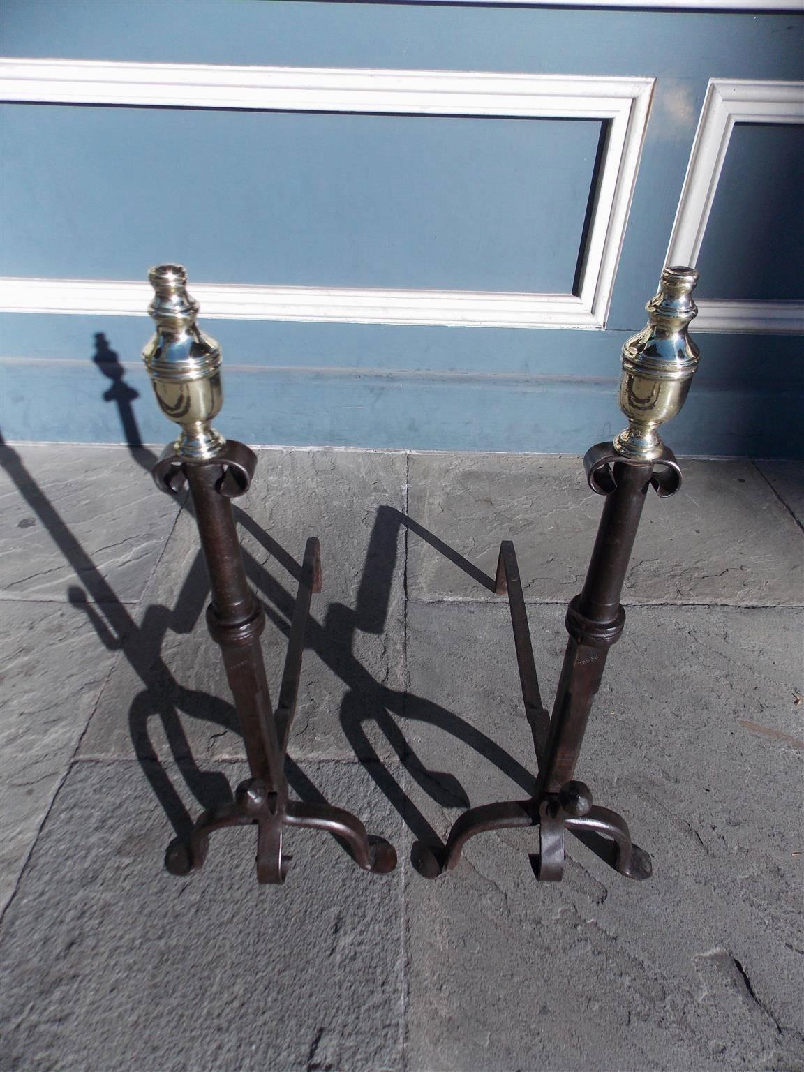 American Colonial American Wrought iron and Brass Urn Finial Andirons.  Circa 1780 For Sale