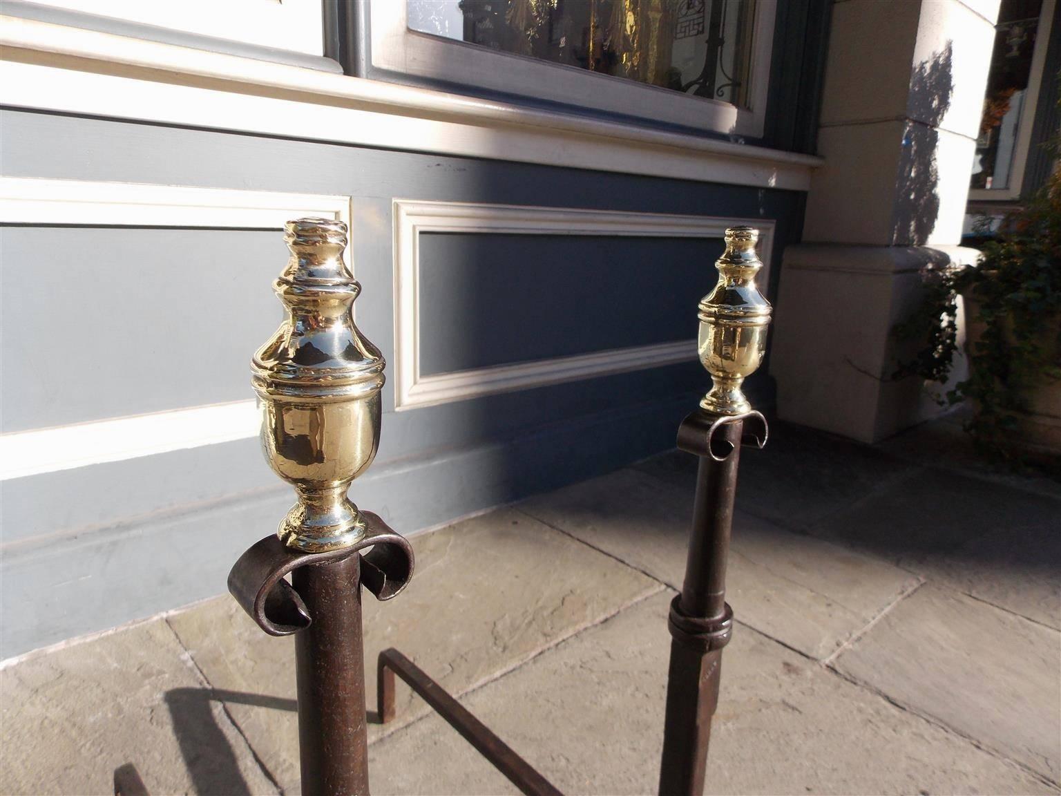 Late 18th Century American Wrought iron and Brass Urn Finial Andirons.  Circa 1780 For Sale