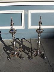 English Nickel Silver and Wrought Iron Urn Acorn Finial Andirons.  Circa 1780