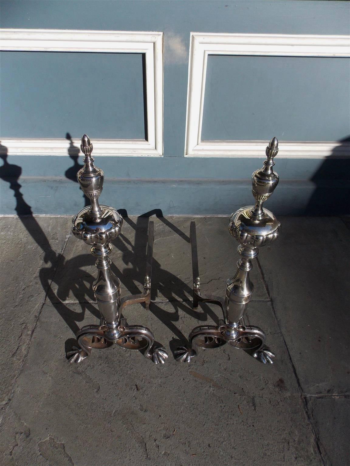 Hammered English Nickel Silver and Wrought Iron Urn Acorn Finial Andirons.  Circa 1780 For Sale