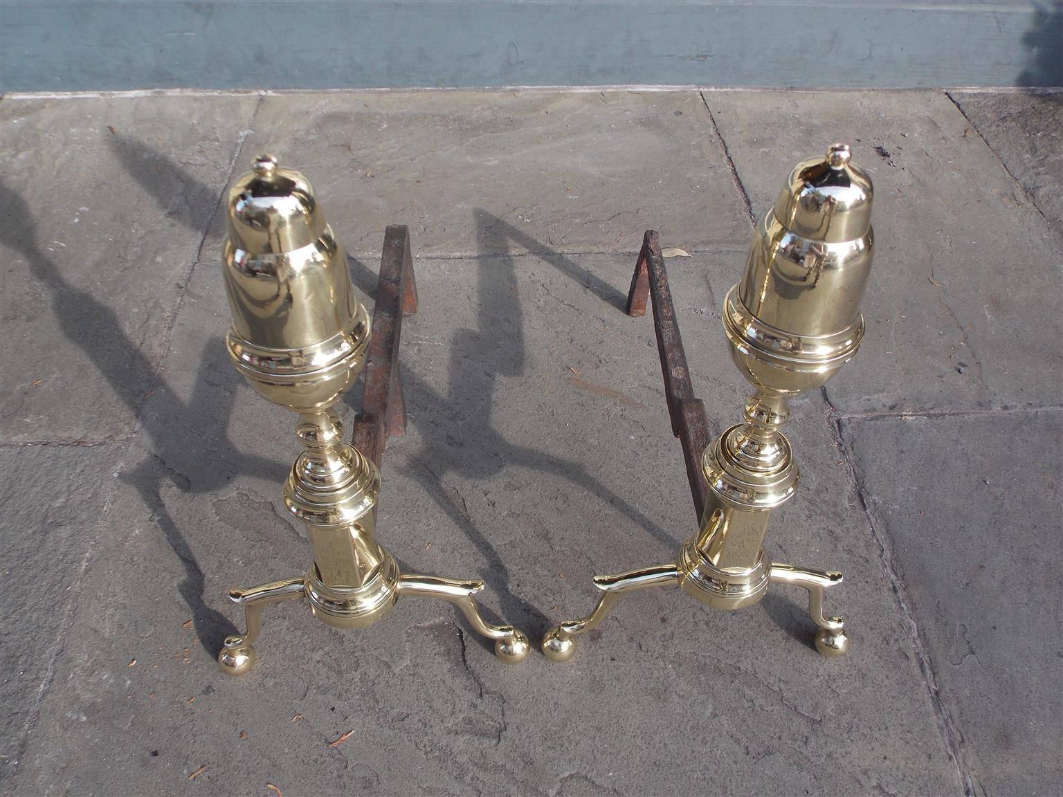 American Colonial Pair of American Brass Elongated Acorn Top Andirons, New York, Circa 1800 For Sale