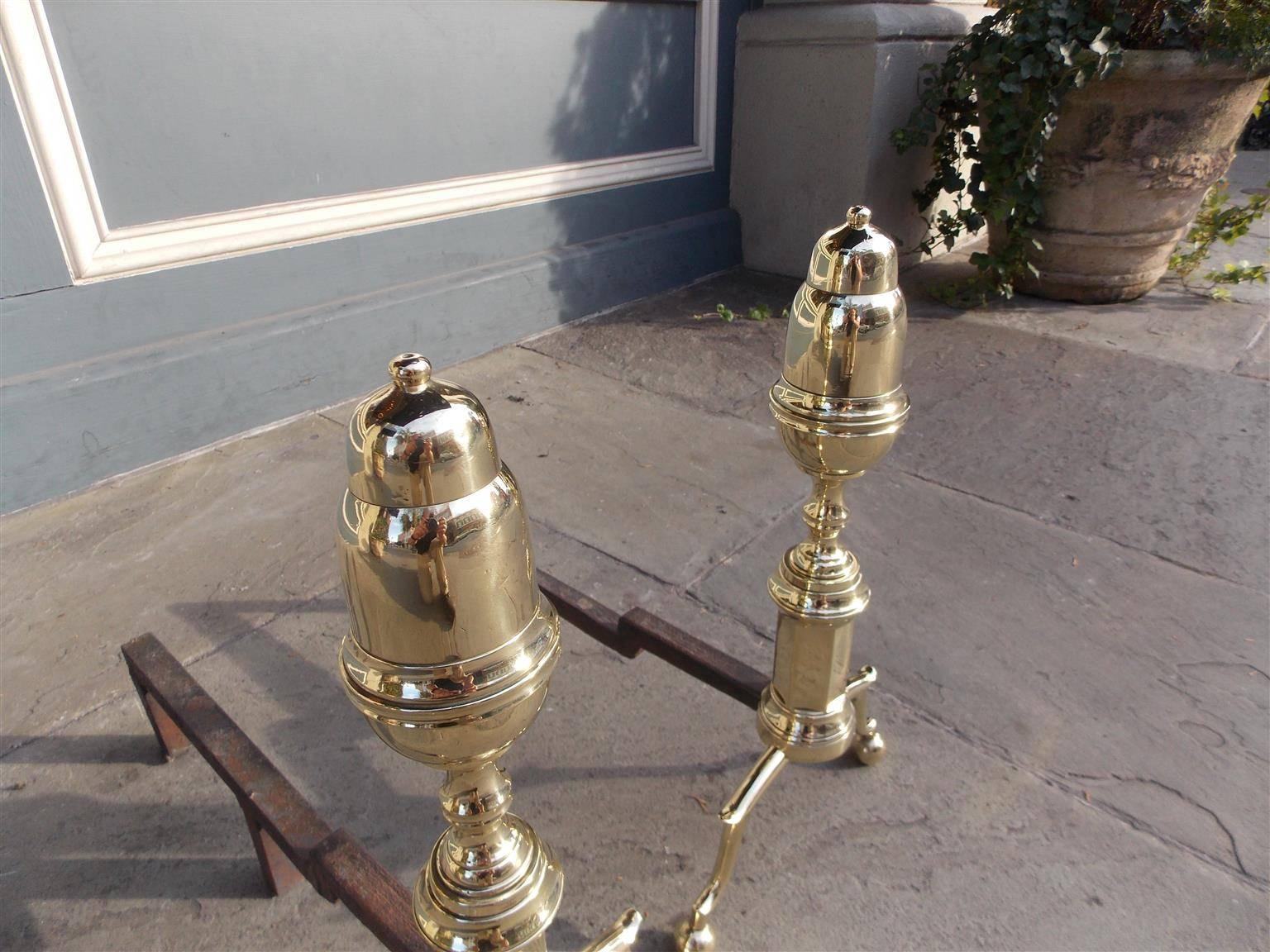 Pair of American Brass Elongated Acorn Top Andirons, New York, Circa 1800 In Excellent Condition For Sale In Hollywood, SC