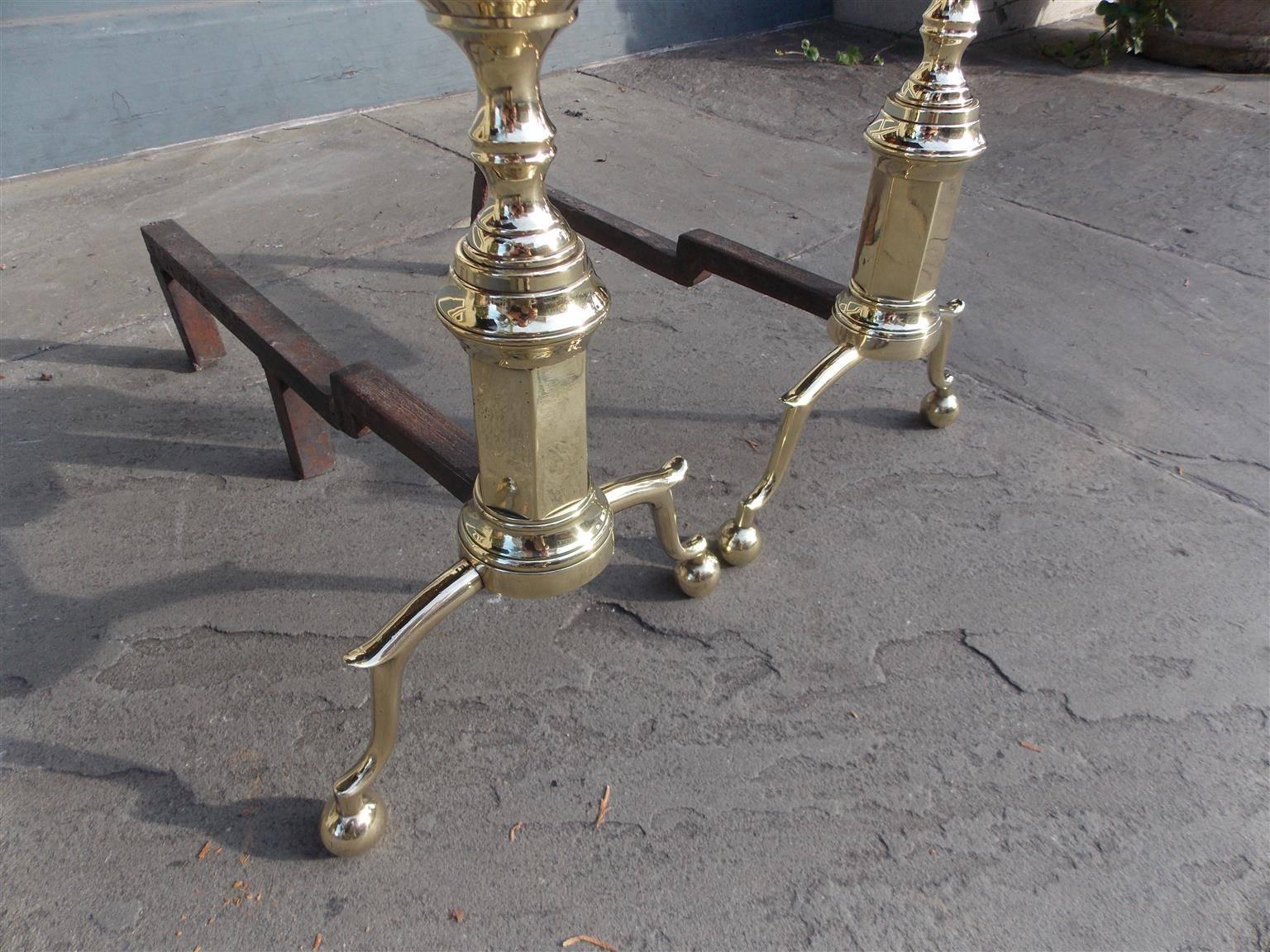 Early 19th Century Pair of American Brass Elongated Acorn Top Andirons, New York, Circa 1800 For Sale