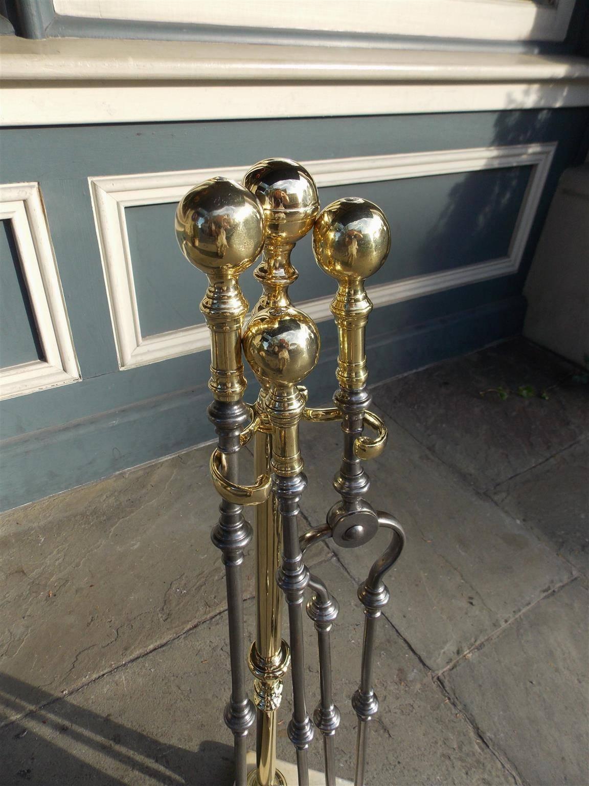Cast Set of American Brass and Steel Fire Tools on Marble Stand, Boston, Circa 1810