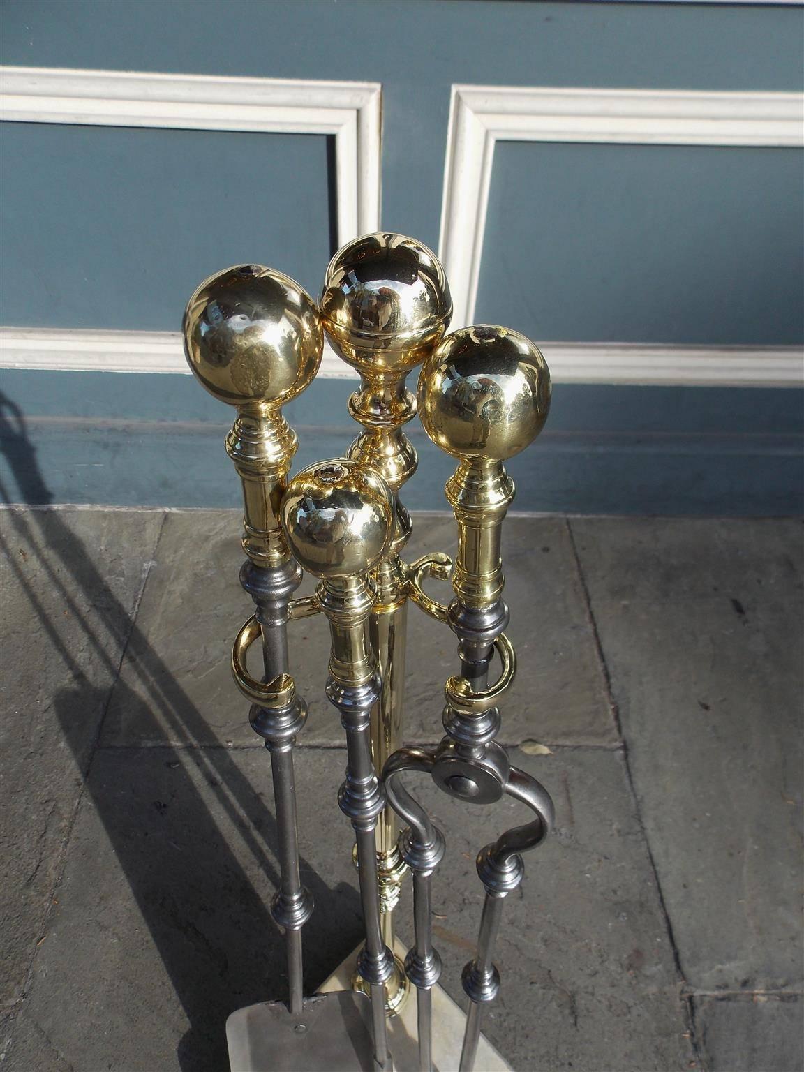 American Colonial Set of American Brass and Steel Fire Tools on Marble Stand, Boston, Circa 1810