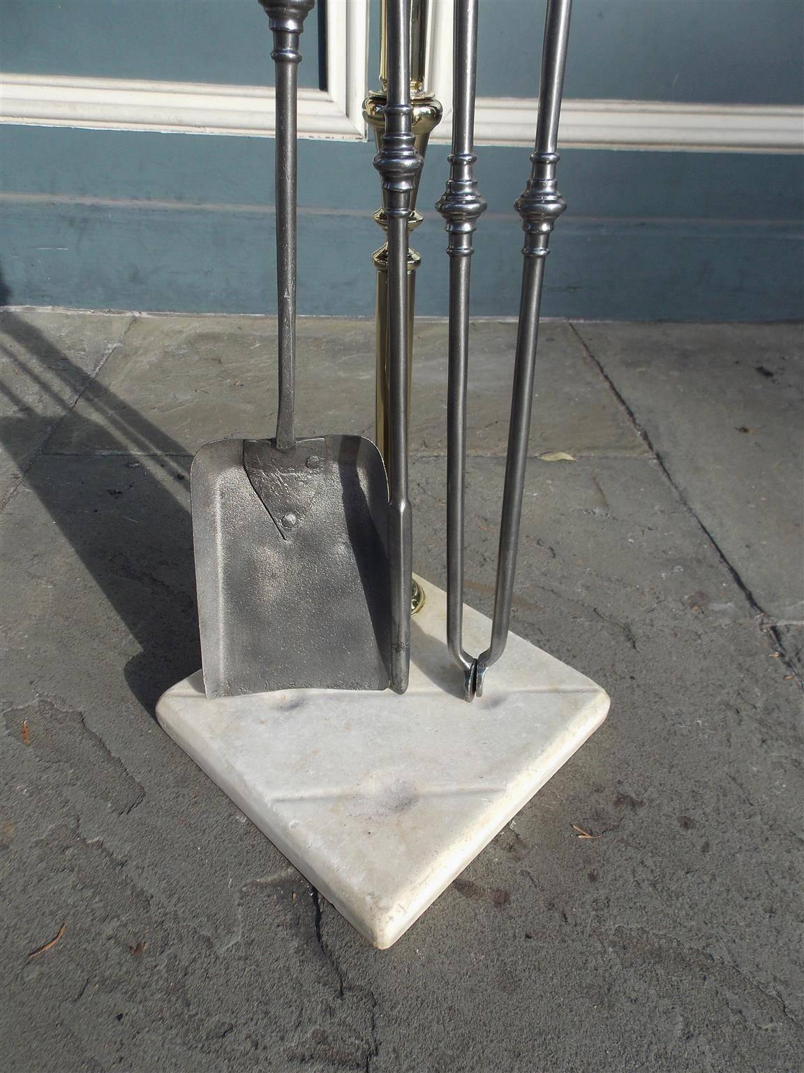 Set of American Brass and Steel Fire Tools on Marble Stand, Boston, Circa 1810 In Excellent Condition In Hollywood, SC