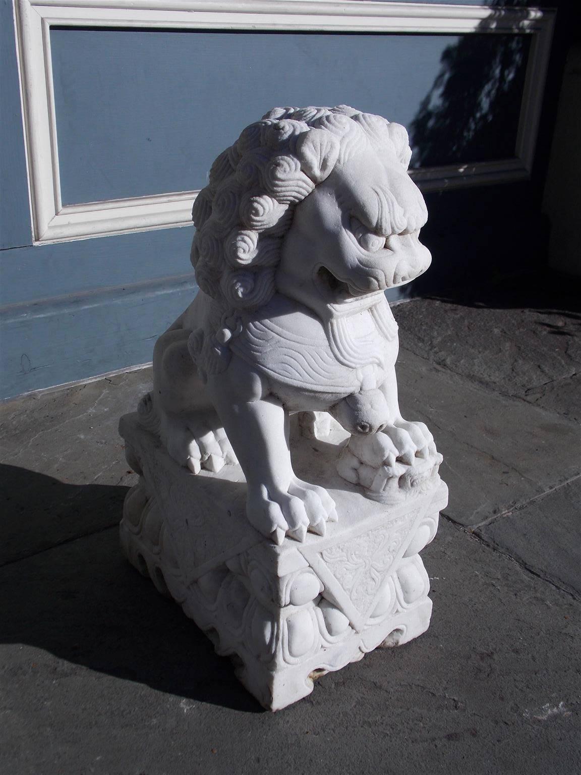 Chinese marble foo dog resting on squared decorative floral plinth with egg and dart motif, 20th Century