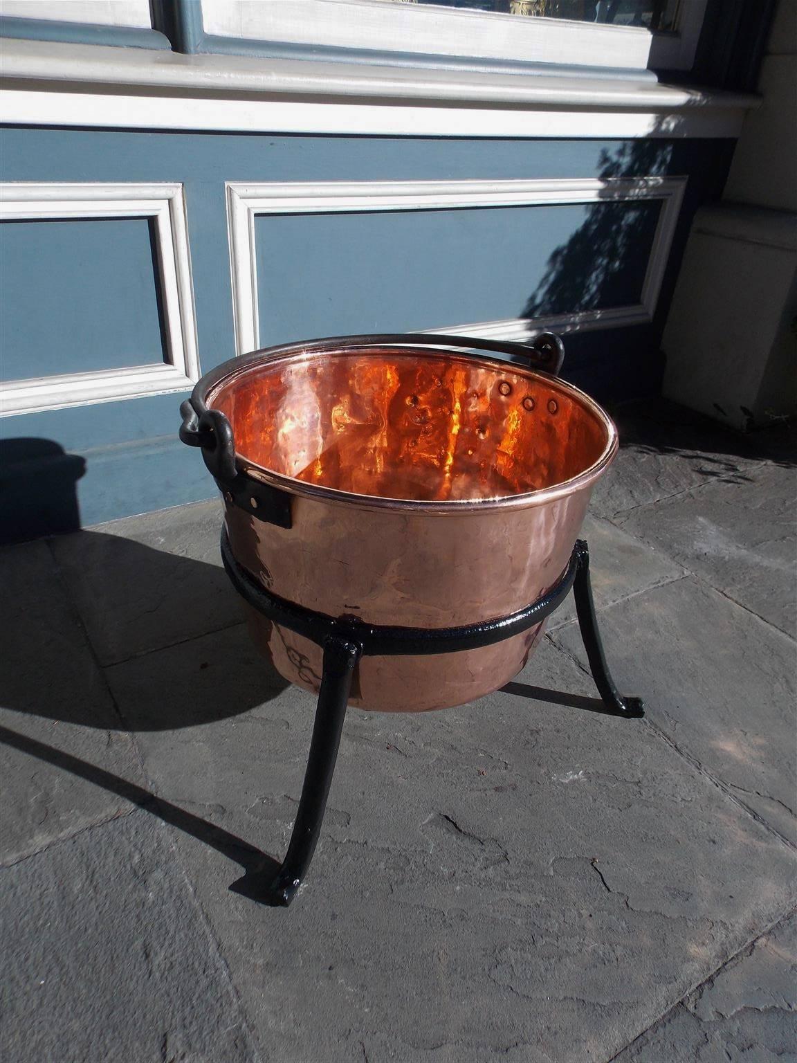 Hammered American Copper and Wrought Iron Plantation Cauldron on Stand, Circa 1780