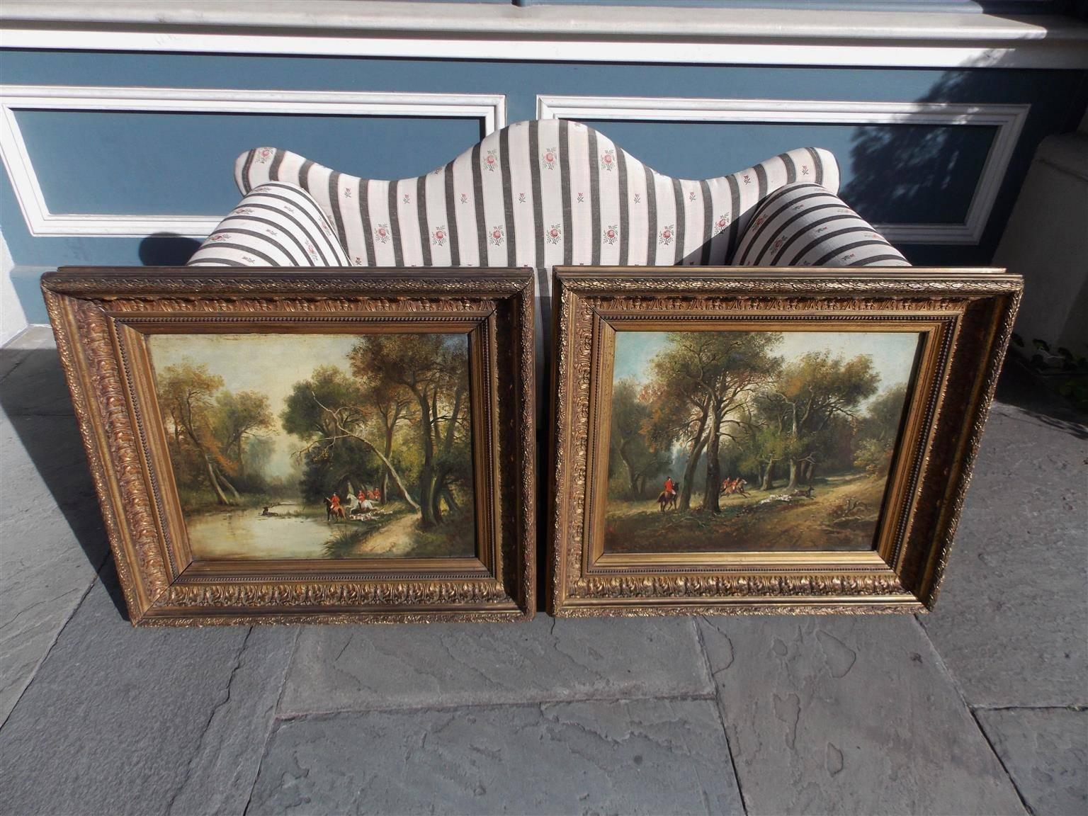 Pair of English oil on canvas paintings of gentlemen in dress attire stag hunting  on horse back through the country side and streams.  Paintings are in the original gilt floral frames.  Early 19th Century.   