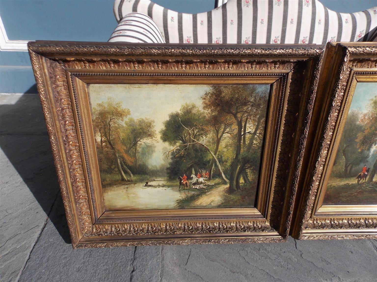 Pair of English Oil on Canvas Stag Hunt Paintings, Circa 1830 In Excellent Condition In Hollywood, SC