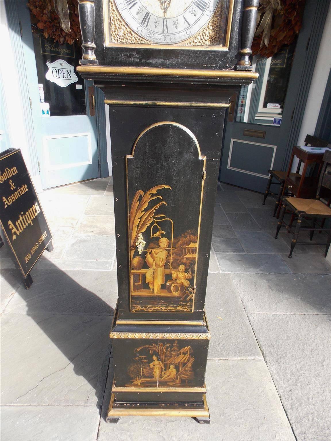 Wood Swedish Black Lacquered and Gilt Chinoiserie Tall Case Clock, Lanner, Circa 1775 For Sale