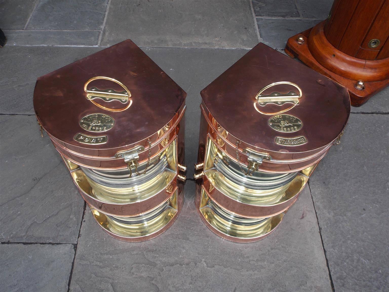 Cast Pair of Copper Double Stacked Port & Starboard Ship Lanterns. C. 1900