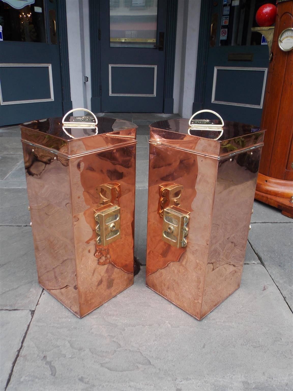 Brass Pair of Copper Double Stacked Port & Starboard Ship Lanterns. C. 1900