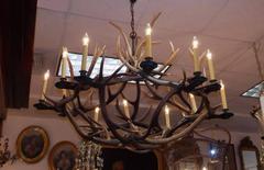 French Antler & Brass Bobeche Hanging Chandelier, Circa 1870