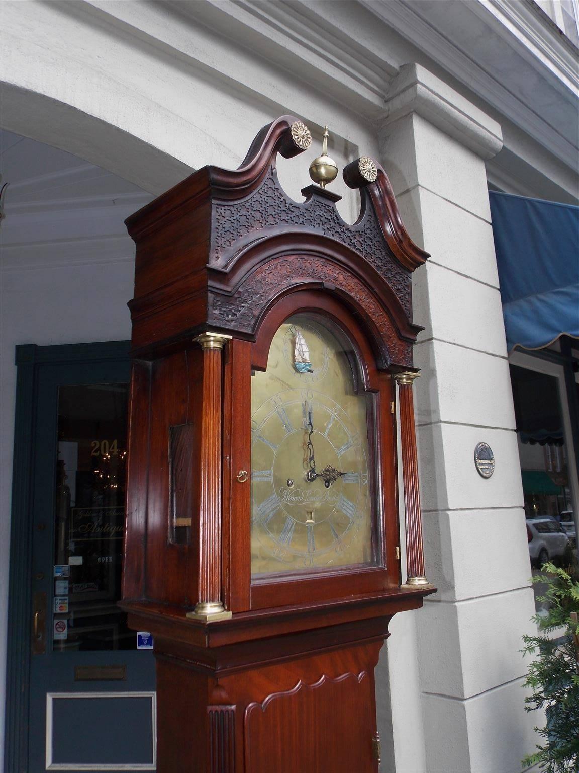 George III English Chippendale Mahogany Fret Work Tall Case Clock, Baxter, Bristol, C.1770