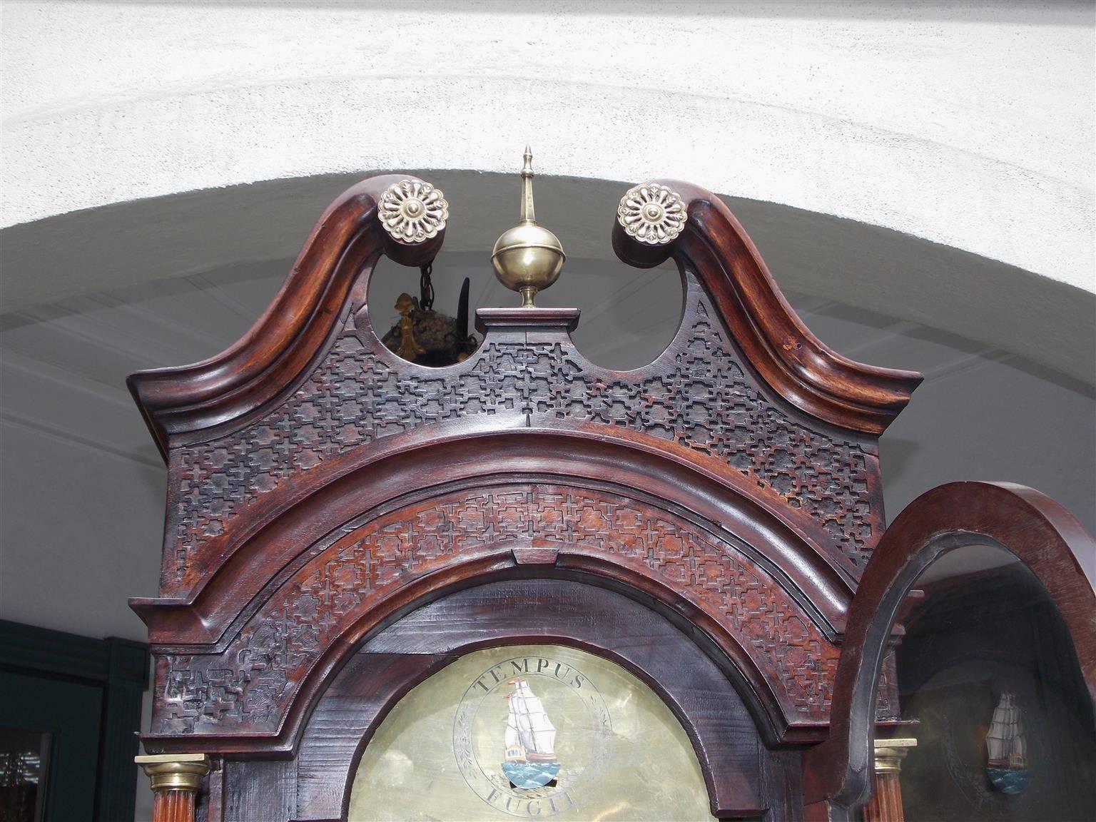 Cast English Chippendale Mahogany Fret Work Tall Case Clock, Baxter, Bristol, C.1770