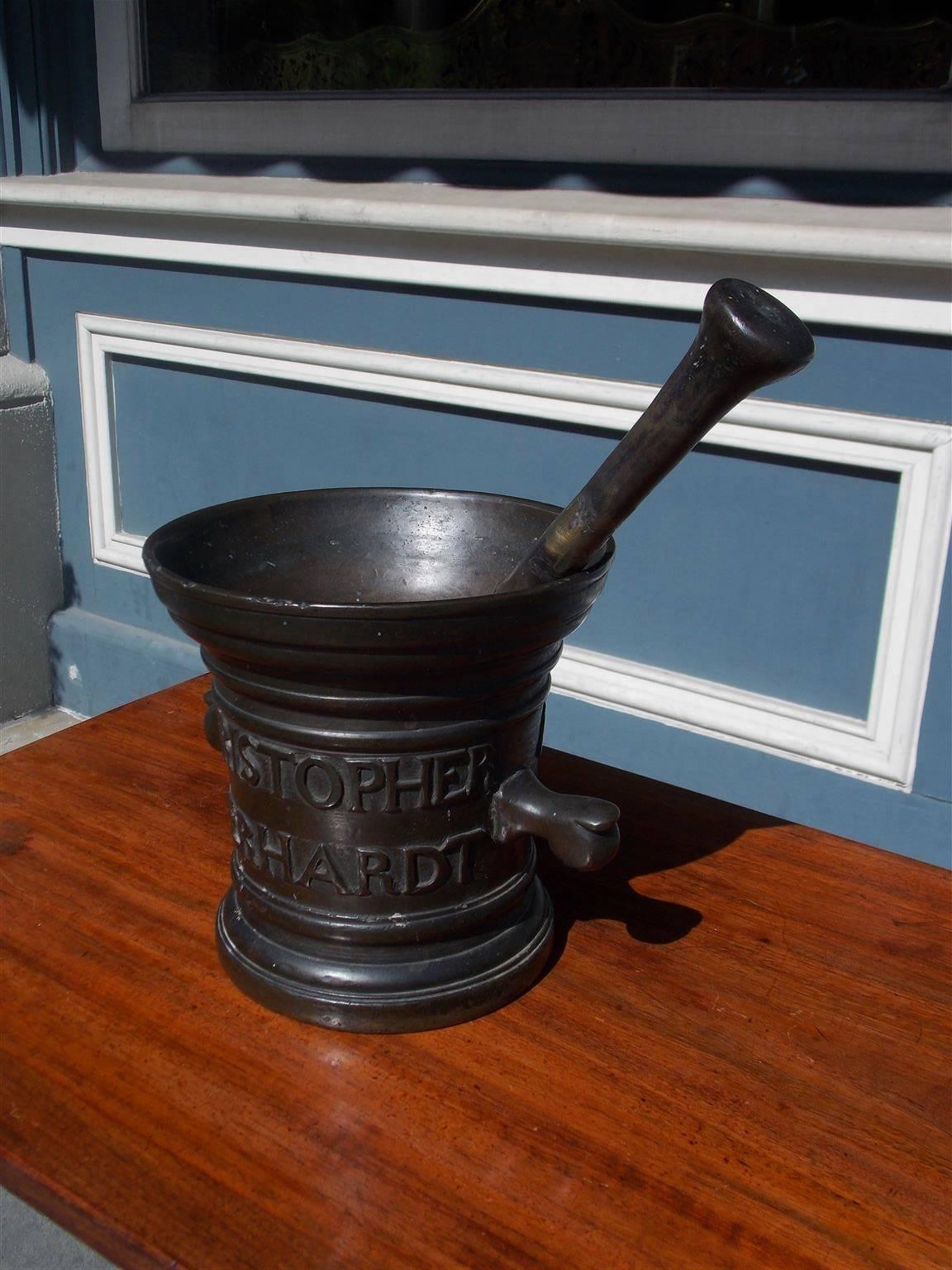Italian bronze mortar and pestle. Christopher Eberhardt, Anno J667 Grabavw, Early 19th Century. Measures: 7.25