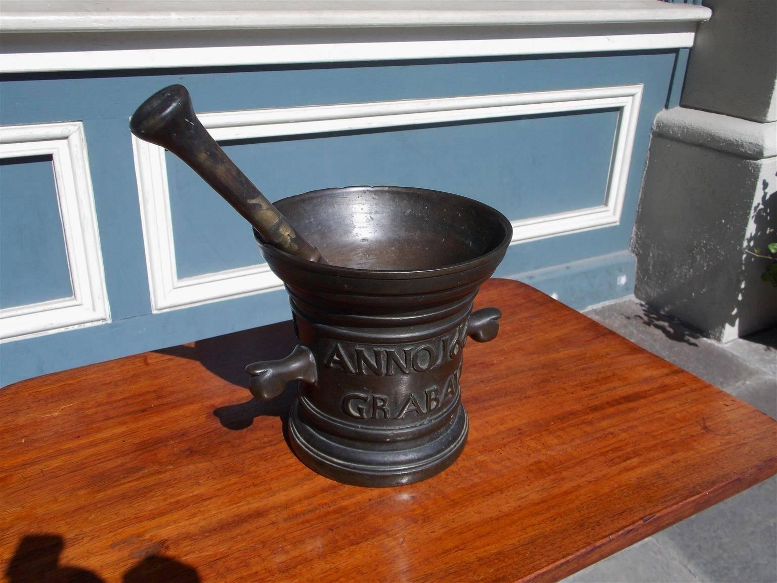 Neoclassical  Italian Bronze Mortar and Pestle, Signed, Christopher Eberhardt, Circa 1830 For Sale