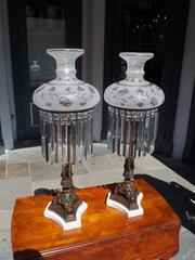Pair of American Bronze & Marble Crystal Sinumbra Lamps, Circa 1820