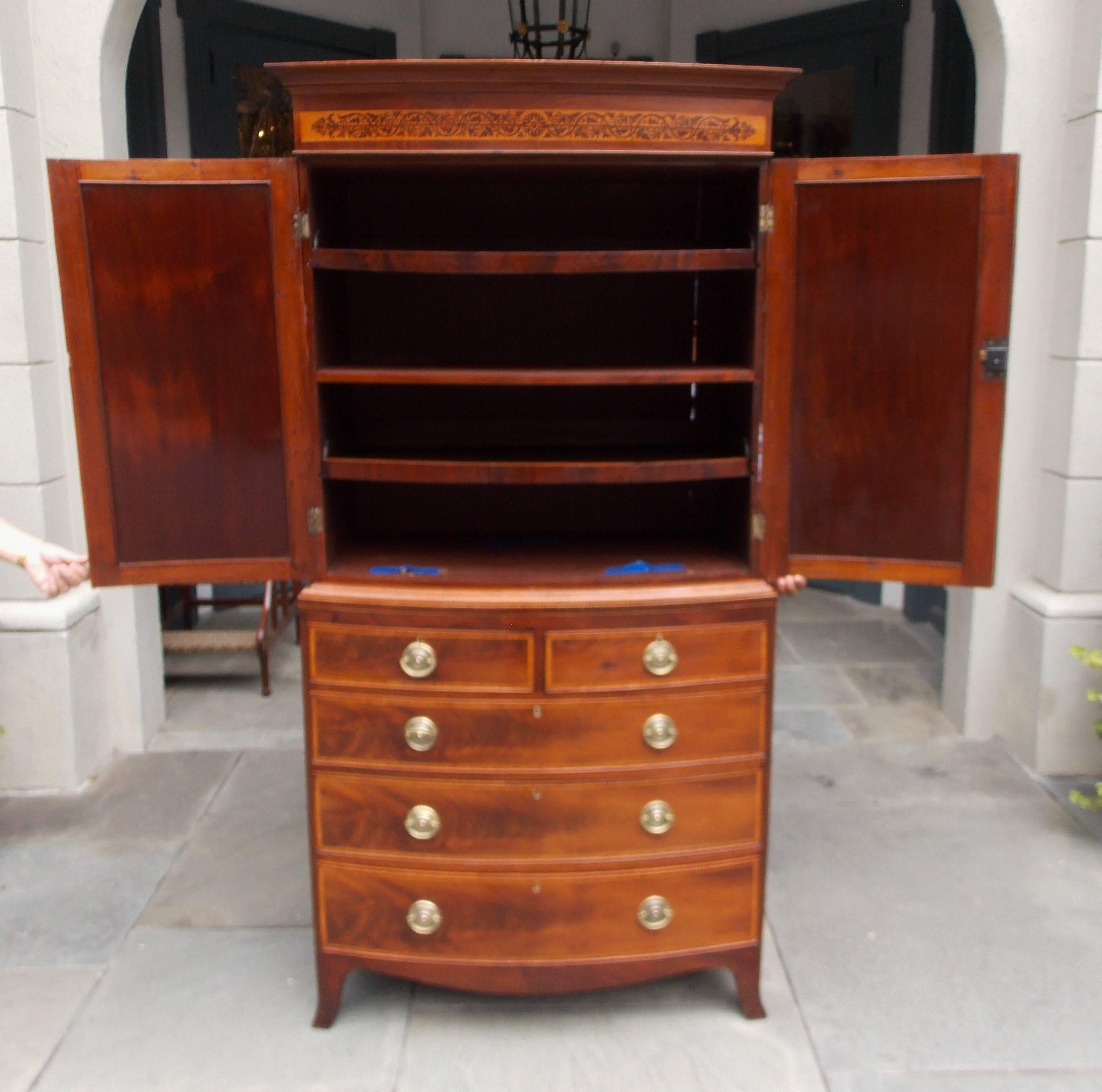 George III English Mahogany & Oval Satinwood Inlaid Bow Front Linen Press, Circa 1810