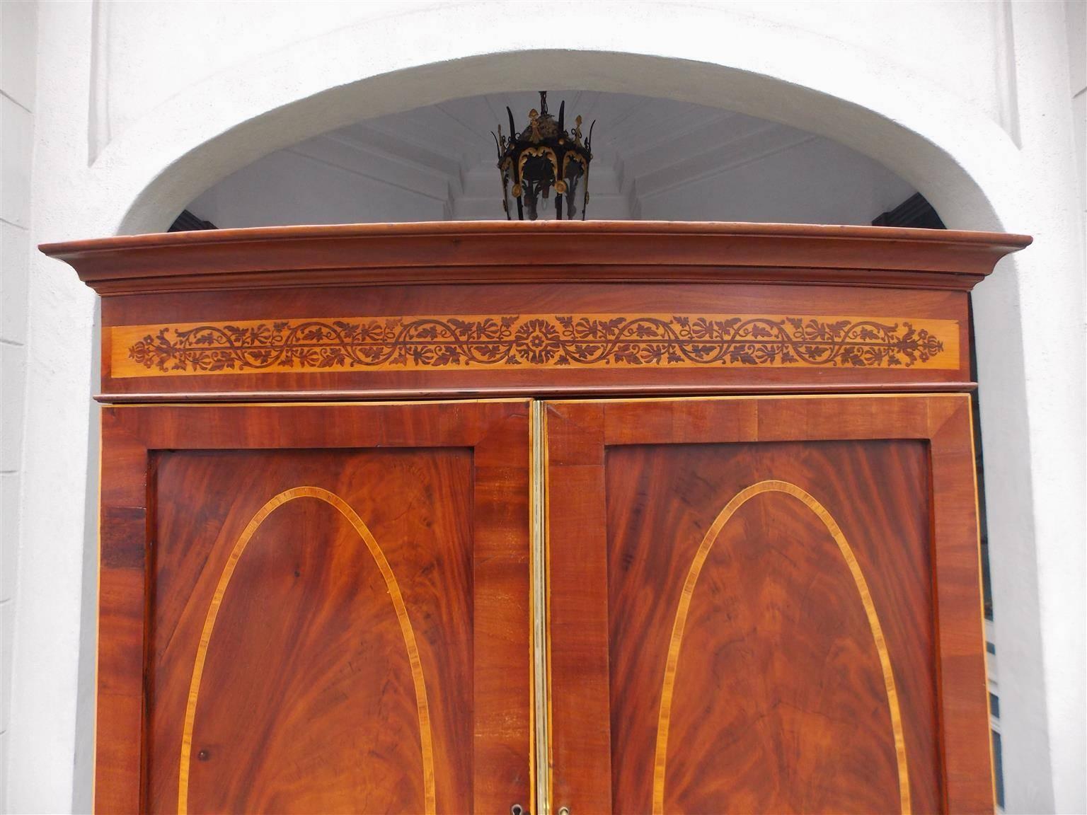 Early 19th Century English Mahogany & Oval Satinwood Inlaid Bow Front Linen Press, Circa 1810