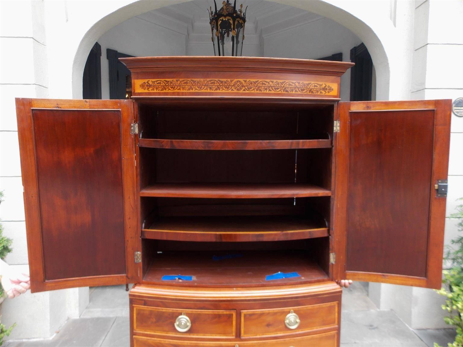 Brass English Mahogany & Oval Satinwood Inlaid Bow Front Linen Press, Circa 1810