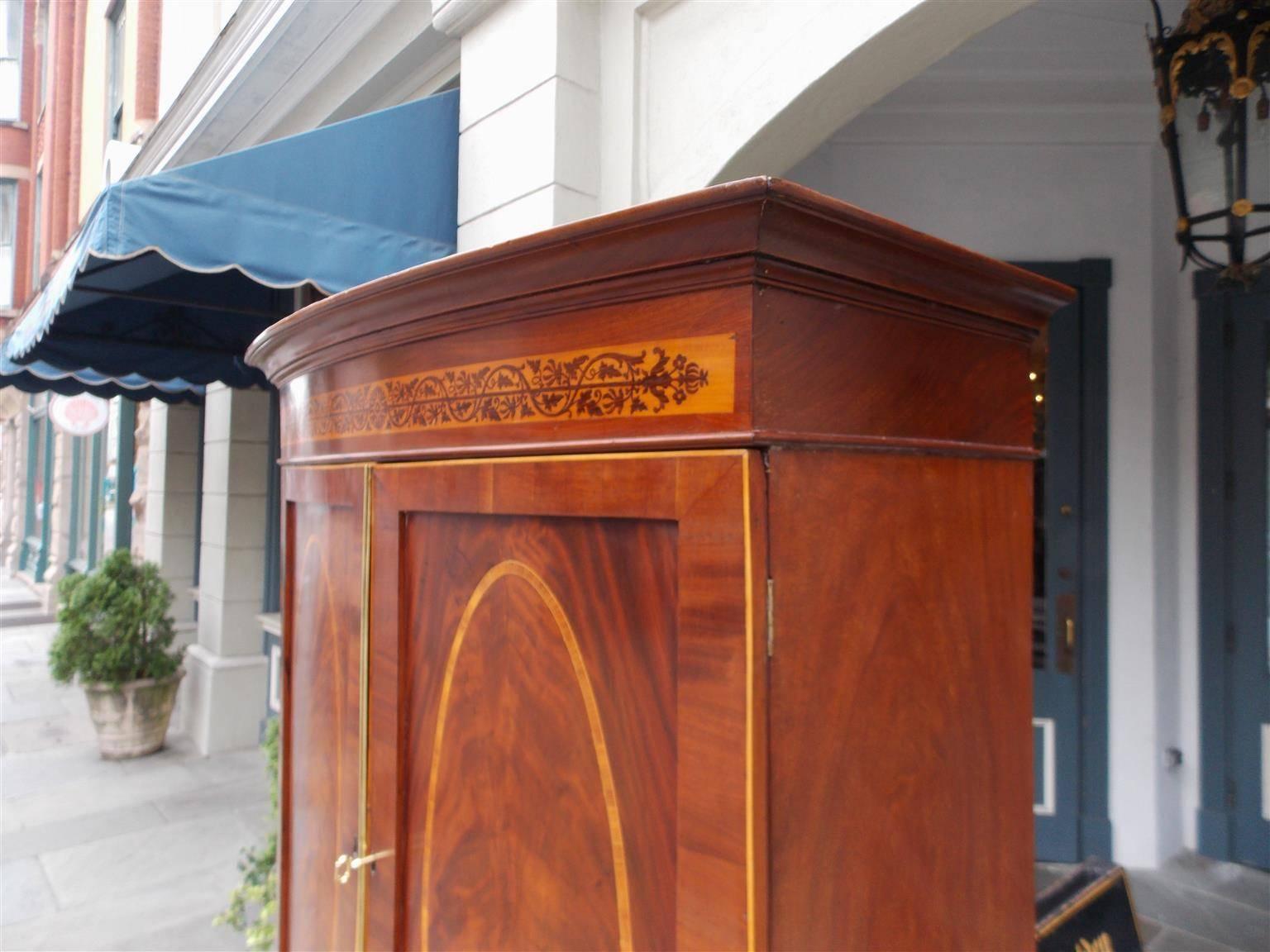 English Mahogany & Oval Satinwood Inlaid Bow Front Linen Press, Circa 1810 2