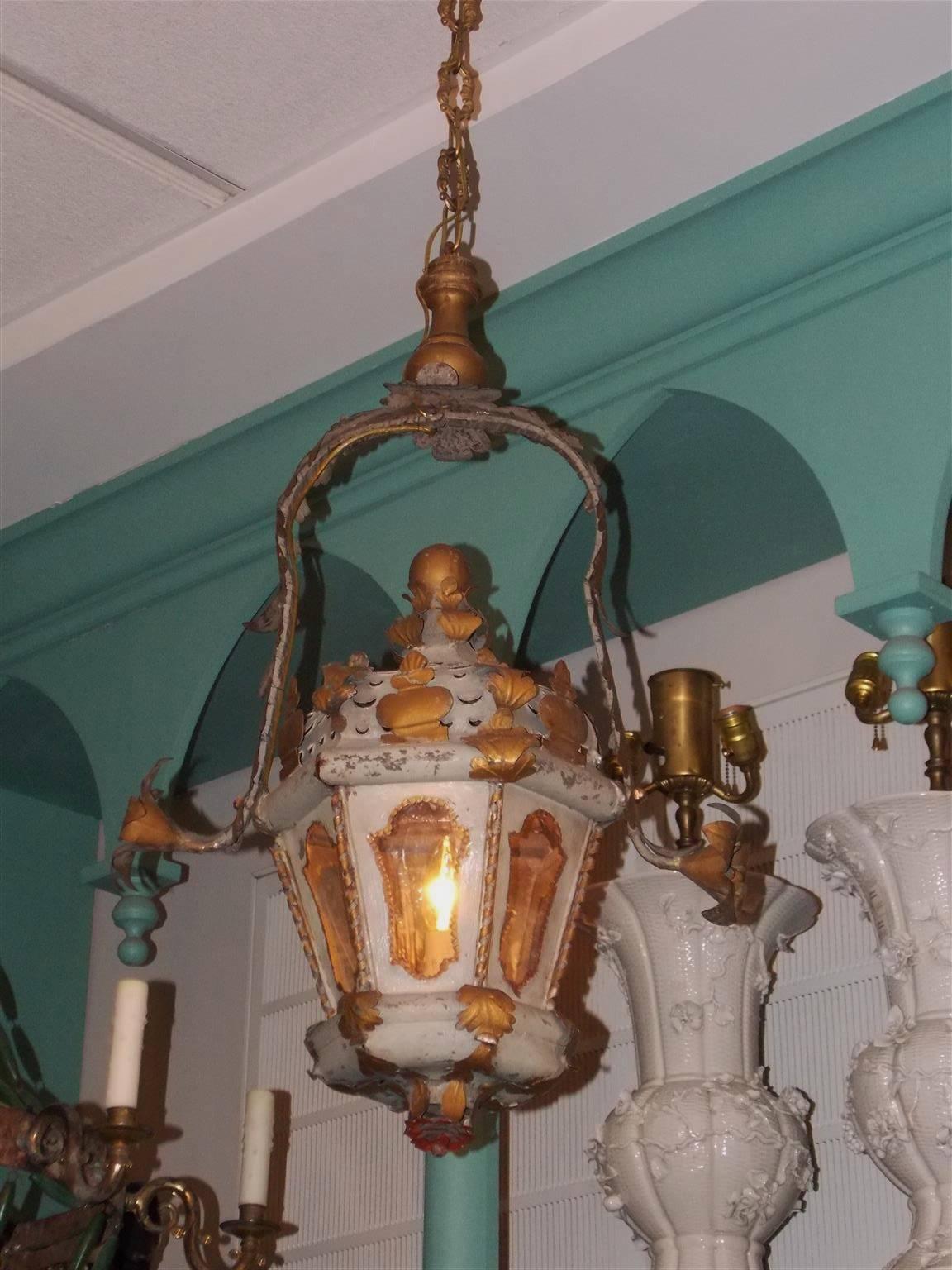 Neoclassical Pair of Venetian Tin Painted & Gilt Hanging Hall Lanterns, Circa 1830