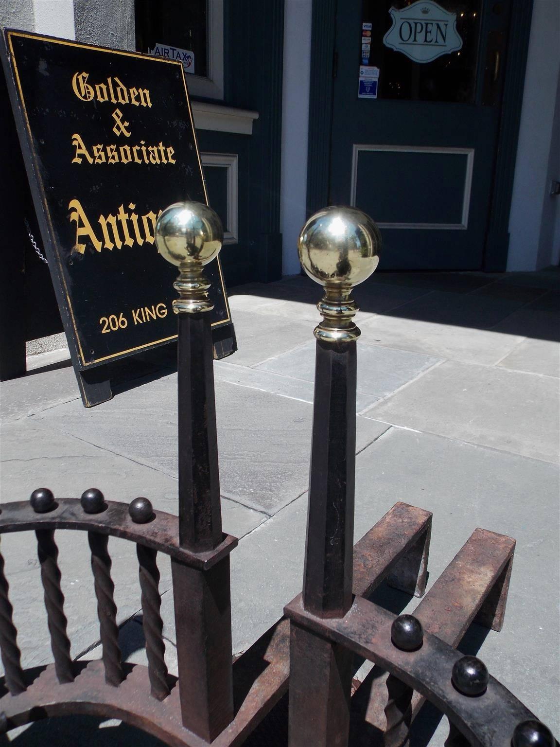 Pair of American Monumental Cast Iron & Brass Ball Top Andirions. Circa 1830 For Sale 4