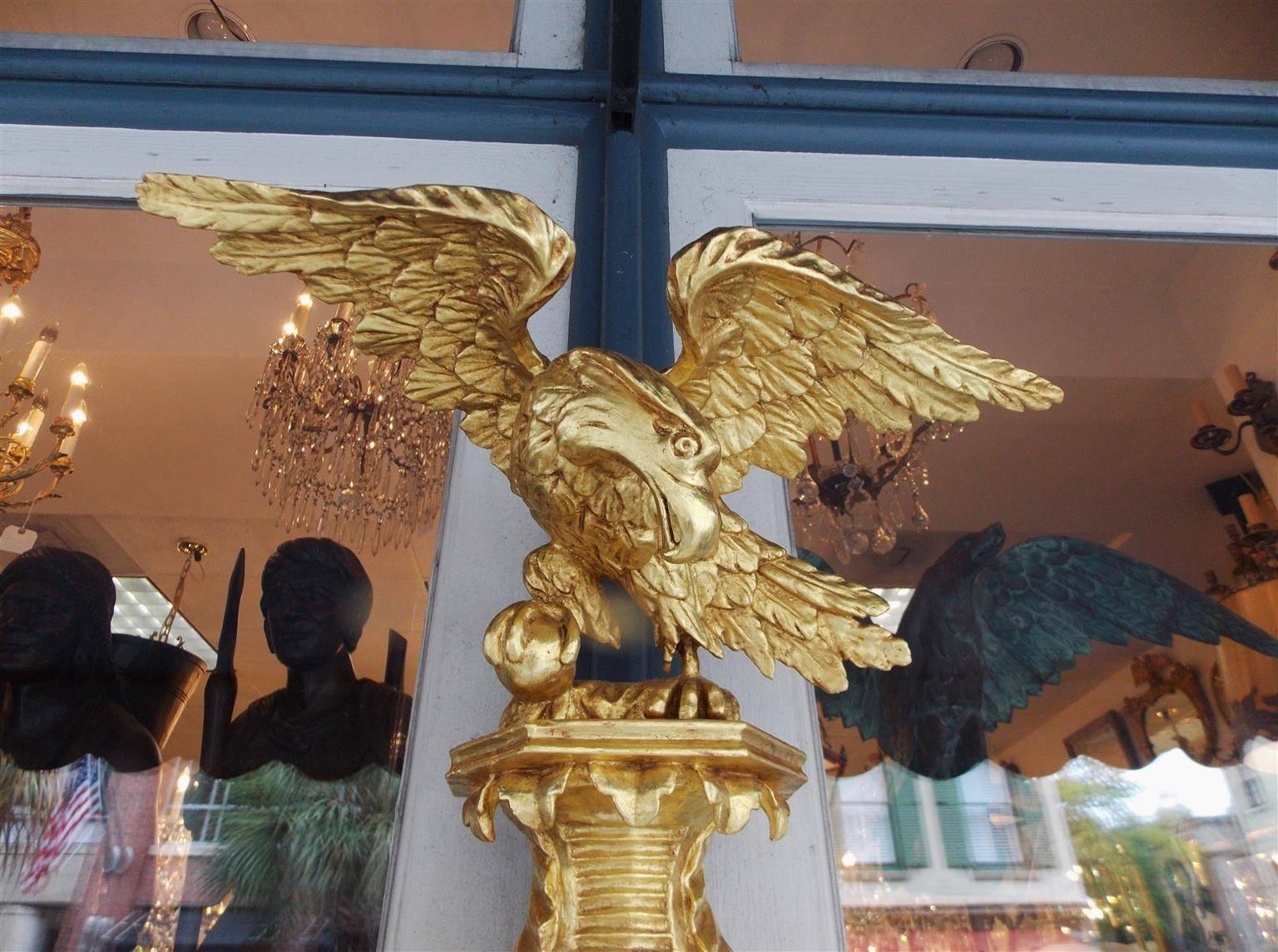Hand-Carved American Federal Gilt Acanthus Convex Mirror with Perched Eagle, Circa 1810