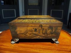 English Regency Sarcophagus Shaped Nautical Landscape Penwork Box, Circa 1810