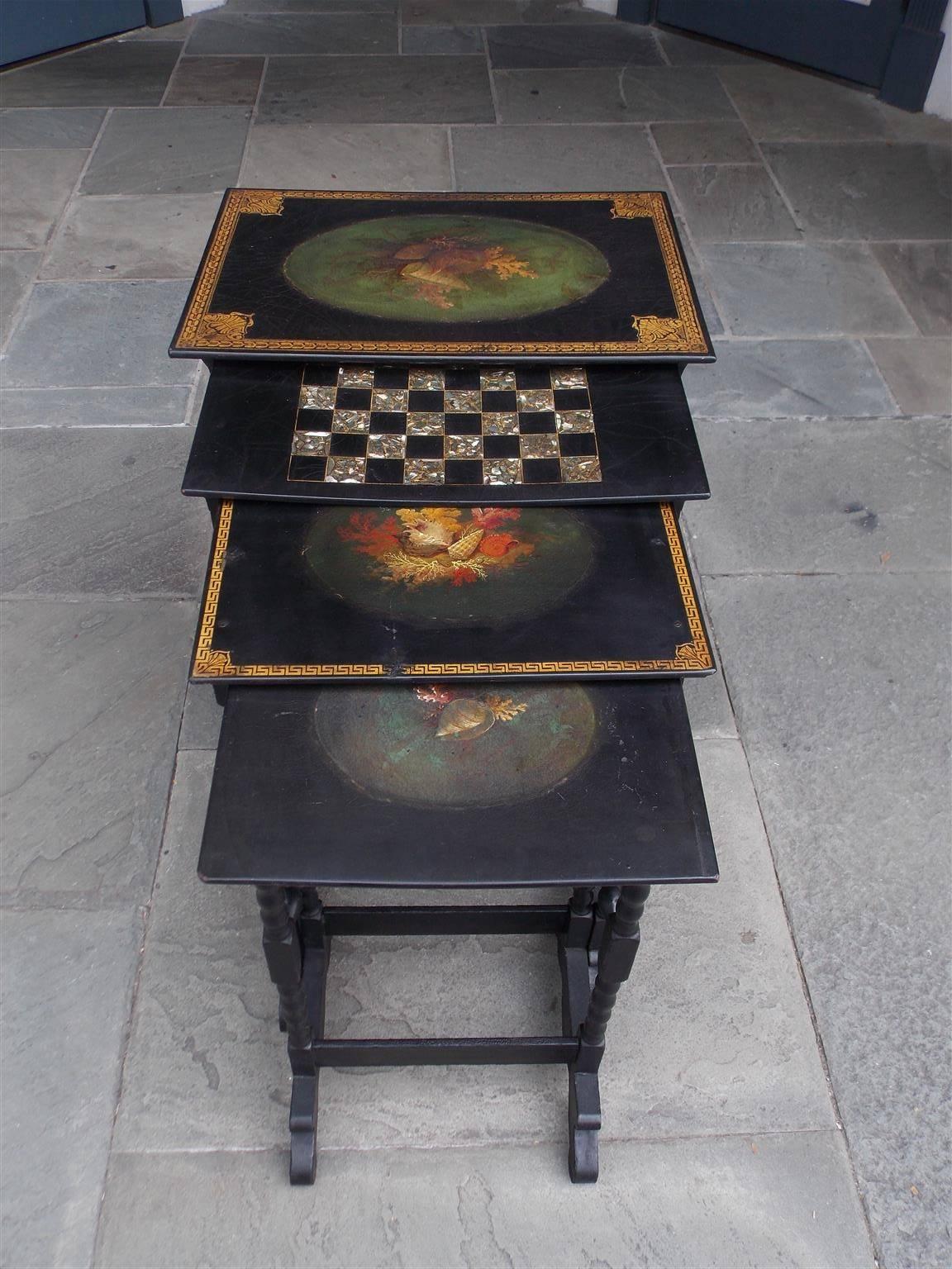 Set of four English Regency paper mâché painted and gilt nest of tables with shell, coral and mother-of-pearl inlaid checker board top. Tables are rectangle in shape with turned bulbous legs and connecting stretchers, Early 19th Century.