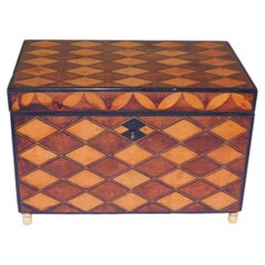 English Regency Parquetry Diamond Inlaid Hinged Ebonized Tea Caddy, Circa 1810