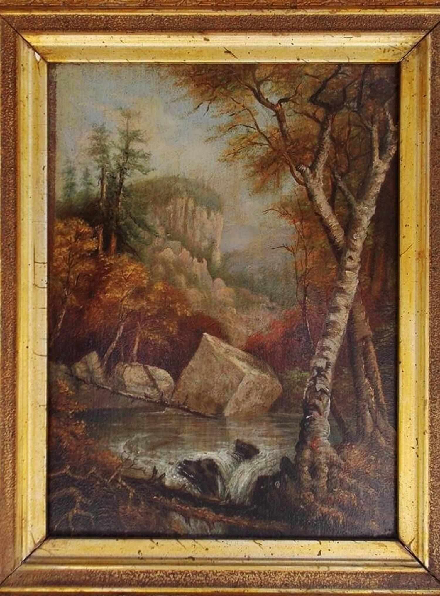 Oil on canvas Head Waters of the Conemaugh in the original gilt floral and grapevine motif frame. John Augustus Hows, 1832-1874. The Conemaugh River is a 70-mile long tributary of the Kiskiminetas River in Westmoreland, Indiana, and Cambria counties