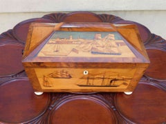 English Regency Nautical Burl Walnut Inlaid Ship's Tea Caddy w/ Orig. Feet, 1810
