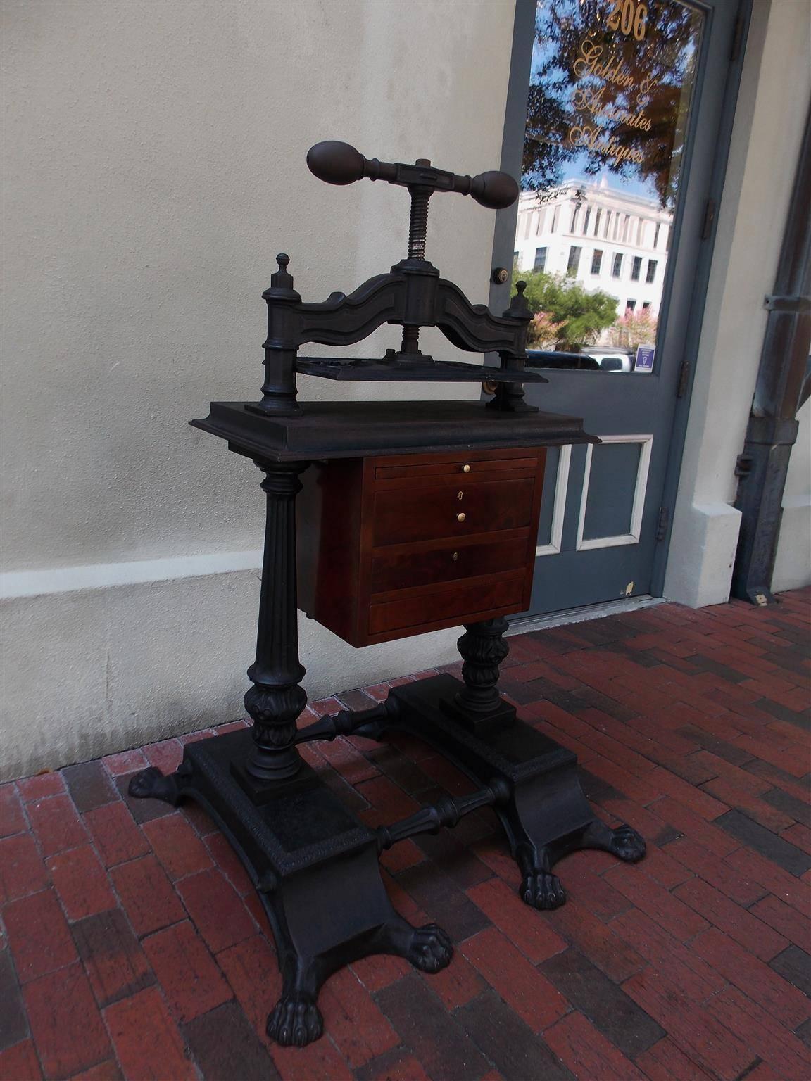 Hand-Carved American Mahogany and Cast Iron Copying Press with Paw Feet, Charleston, SC 1830 For Sale