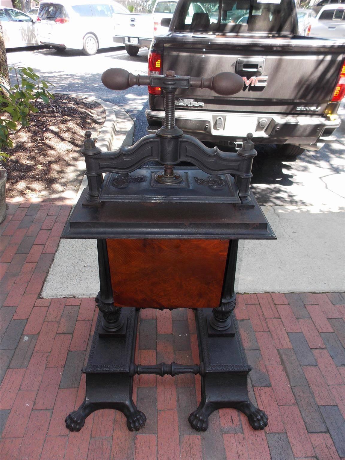 American Mahogany and Cast Iron Copying Press with Paw Feet, Charleston, SC 1830 For Sale 2