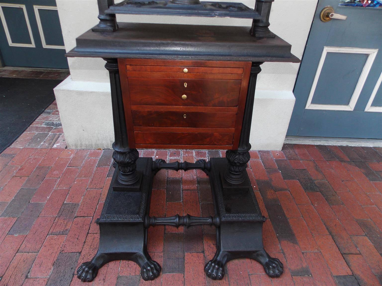 Brass American Mahogany and Cast Iron Copying Press with Paw Feet, Charleston, SC 1830 For Sale