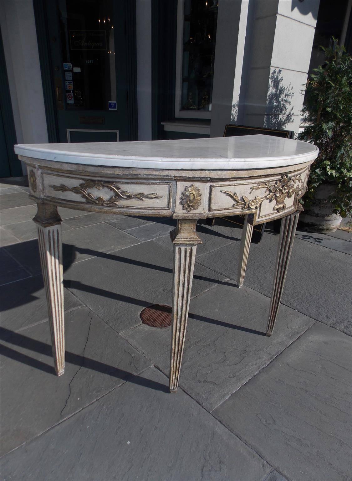 Italian Neoclassical Foliage Medallion Marble Top Console w/ Fluted Legs, C 1780 For Sale 5