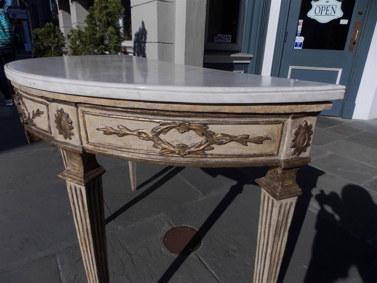 Italian Neoclassical Foliage Medallion Marble Top Console w/ Fluted Legs, C 1780 For Sale 4