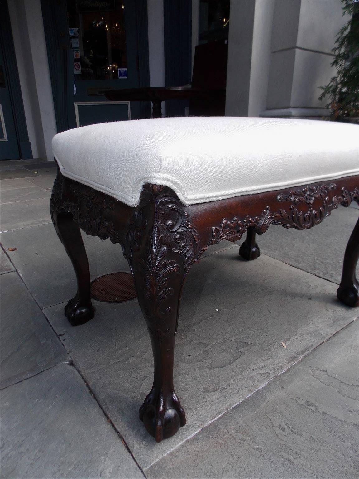 Hand-Carved Irish Chippendale Mahogany Acanthus Carved Window Bench, Circa 1770