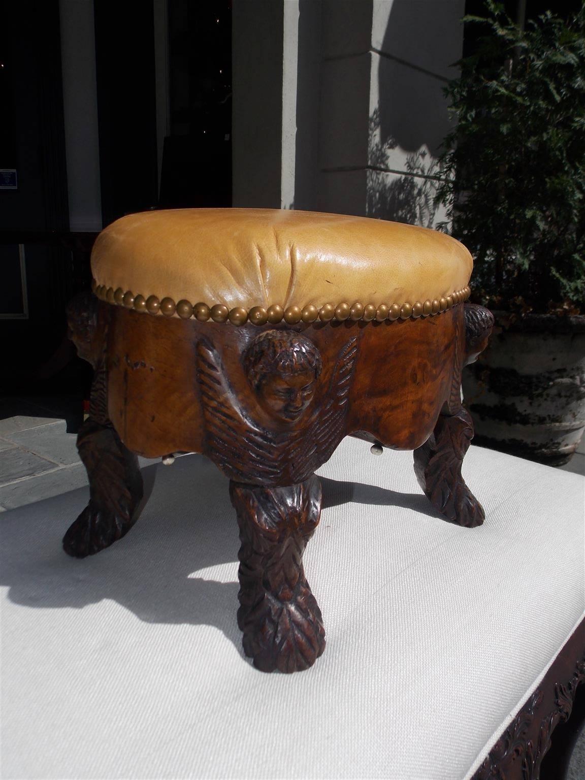 Italian Burl Walnut Oval Leather Top Cherub Foot Stool, Circa 1740 In Excellent Condition In Hollywood, SC