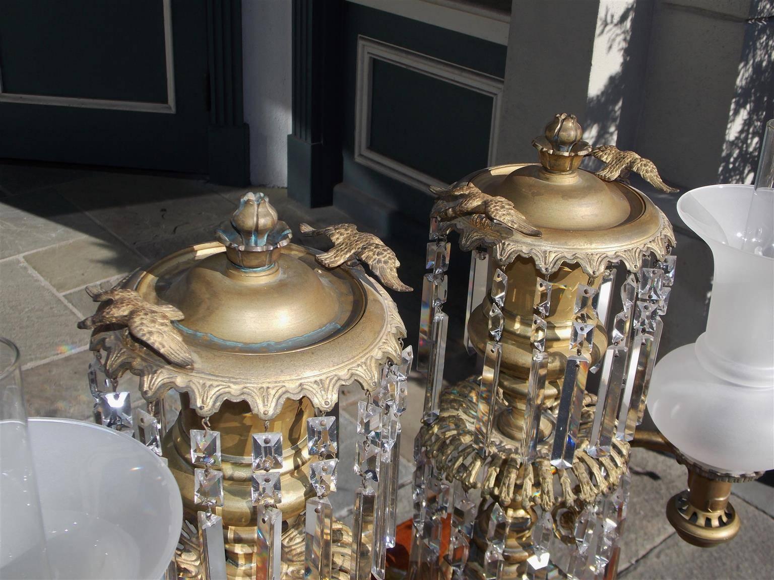 Early 19th Century Pair of American Gilt Bronze & Crystal Argand Lamps, J. B. Wilbor, NY, C. 1820
