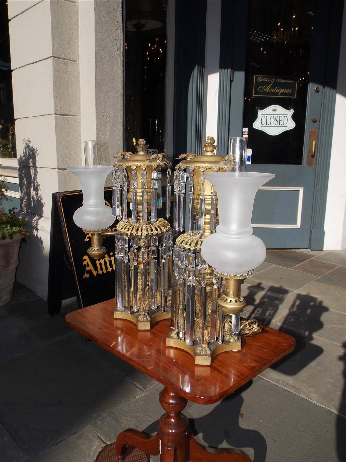 Pair of American Gilt Bronze & Crystal Argand Lamps, J. B. Wilbor, NY, C. 1820 In Excellent Condition In Hollywood, SC